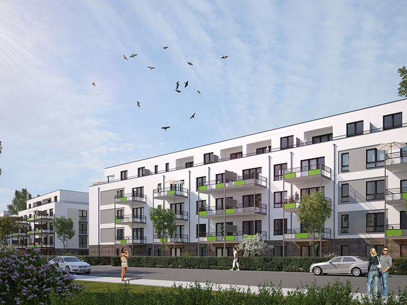 Modernes Wohnquartier mit Balkonen und begrünten Außenanlagen