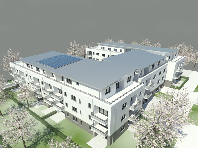 Architekturvisualisierung eines modernen Wohnensembles mit Solaranlage auf dem Dach