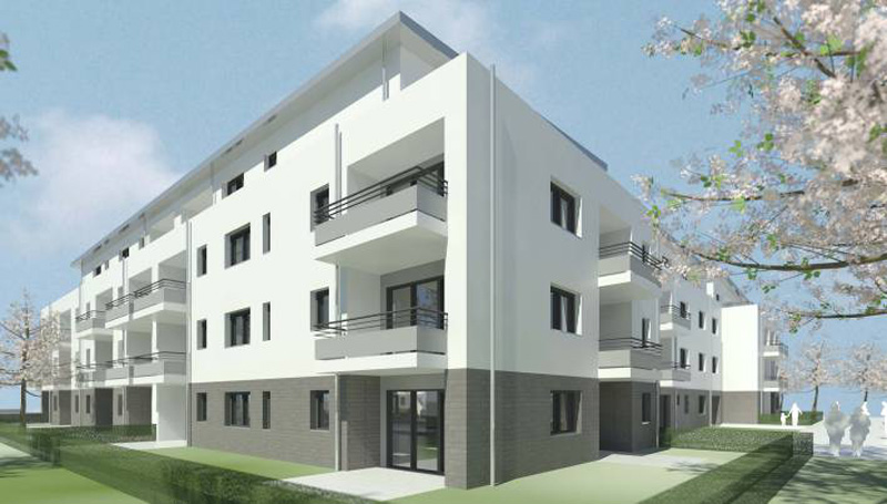 Modernes Mehrfamilienhaus mit Balkonen und klarer Fassadengestaltung