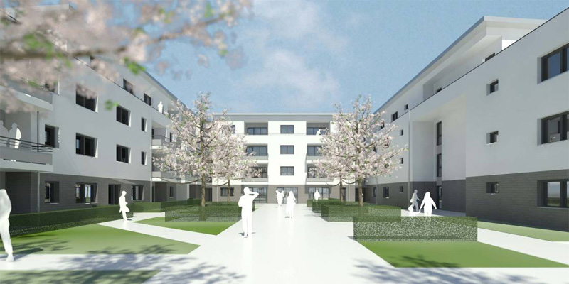 Architekturvisualisierung eines modernen Wohnquartiers mit begrüntem Innenhof