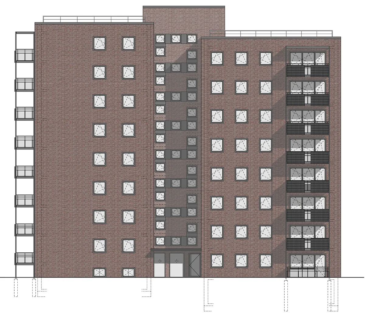 Architekturzeichnung eines Mehrfamilienhauses mit Ziegelfassade und Balkonen