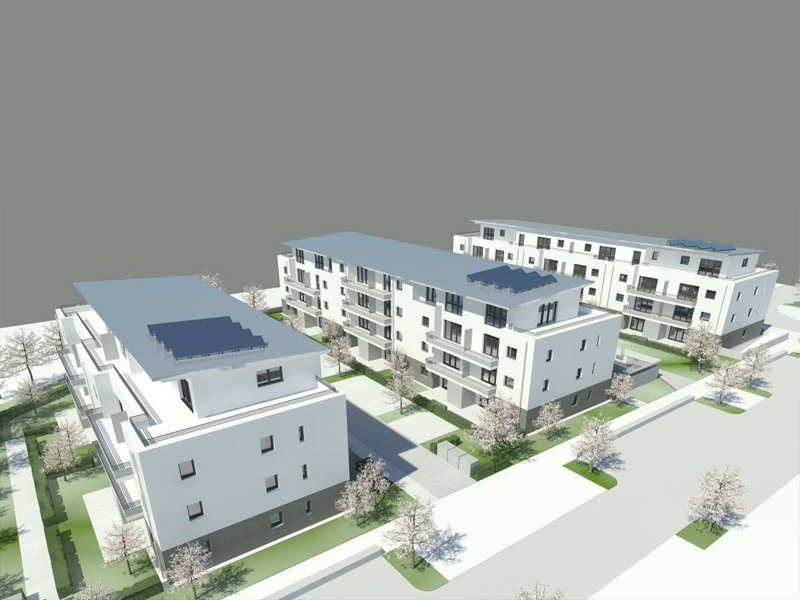 Architekturvisualisierung eines modernen Wohnensembles mit begrünten Außenanlagen