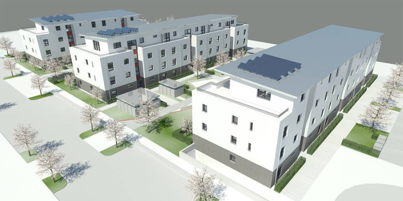 Architekturvisualisierung eines modernen Wohnquartiers mit begrünten Außenflächen