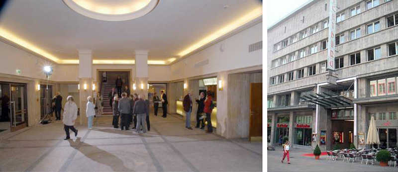 Foyer mit Treppenaufgang sowie Straßenansicht eines Geschäftshauses