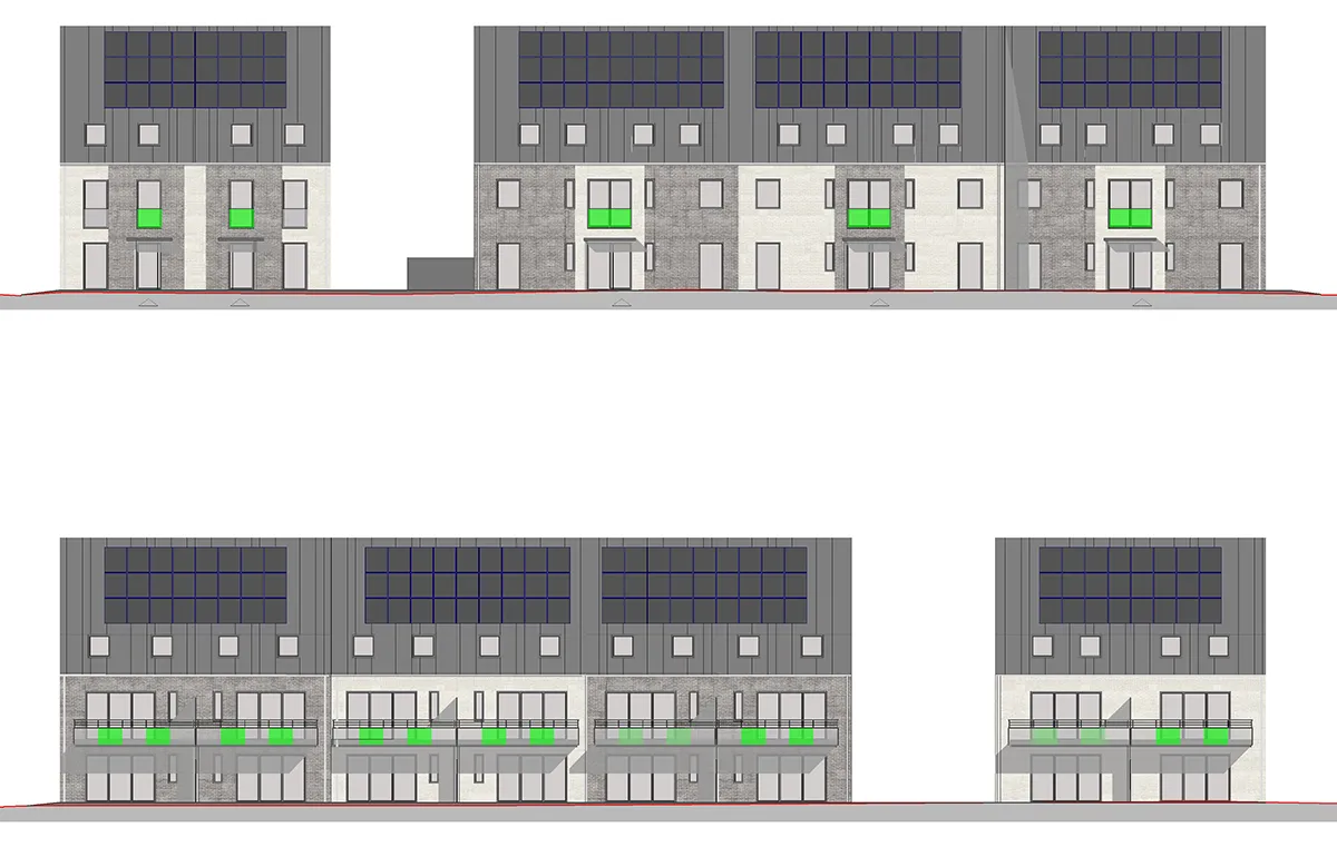 Architekturzeichnung von Mehrfamilienhäusern mit Fassadenansichten