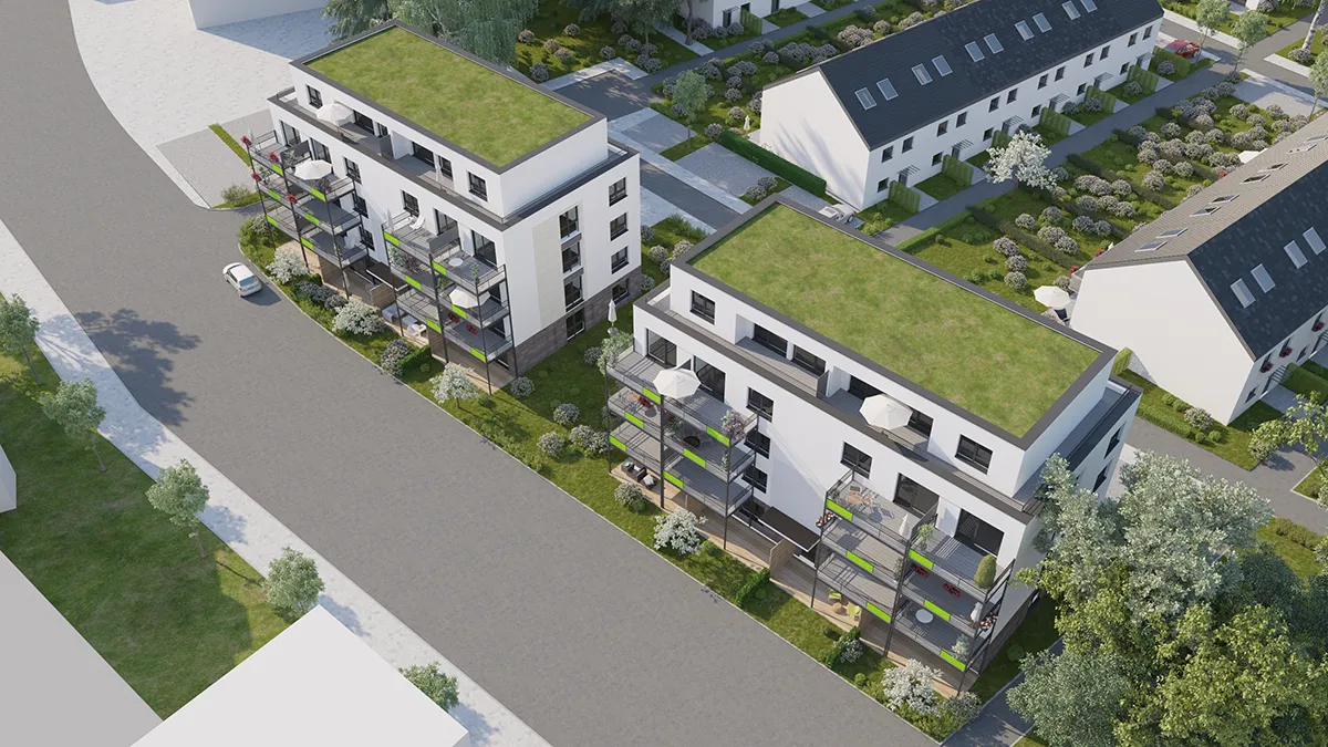 Architekturvisualisierung von Mehrfamilienhäusern mit begrünten Dachflächen