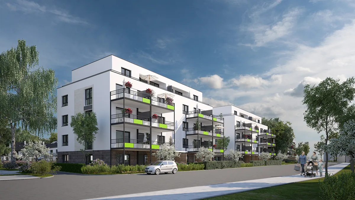 Modernes Wohnquartier mit Balkonen und grünen Fassadenelementen